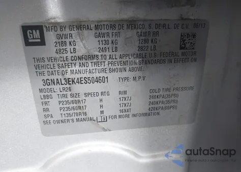 2014 Chevrolet Captiva Sport Lt из США, поврежденный, VIN 3GNAL3EK4ES504601